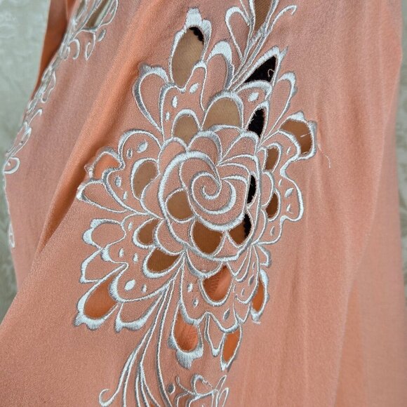Bob Mackie Wearable Art Size Medium Peach 100% Silk Blouse with Eyelet Cutouts - Picture 7 of 14